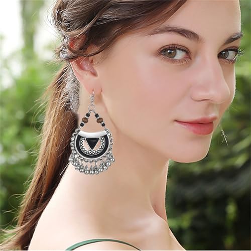 Vintage Boho Statement Drop Dangle Earrings for Women Bohemian Ethnic Handmade Beaded Charms Earring Bohemian Retro Chandelier Tassel Earrings Mexico Gypsy Jewelry Gift - color: Silver Black Triangle