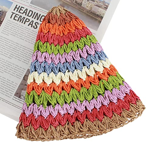Women Straw Sun Hat Floral Woven Crochet Bucket Hat Y2k Aesthetic Accessories Beach Hat Hand Woven Boho Foldable Cap - color: Striped a