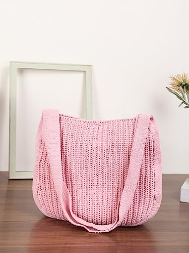 ENBEI Women's Crochet Tote Bag Knit Shoulder bag,Aesthetic Bag,Cute Eco-Friendly Tote for Travel,Daily Use,Gift Box Packaging - color: Pink