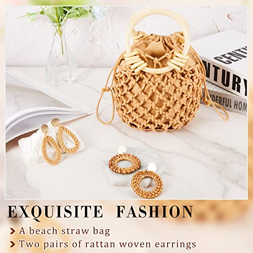 Sweetude Mini Clutch Tote Handbag 2 Pairs Rattan Earrings for Women Crossbody Bag Bohemian Woven Clutch Bucket Handbag - style: Classic
