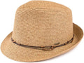 Funky Junque Straw Fedora Hats for Women - UPF 50+ Sun Hat, Short Brim Packable Beach Hat with Woven Pattern - color: Natural Multi W/ Beaded Ropes