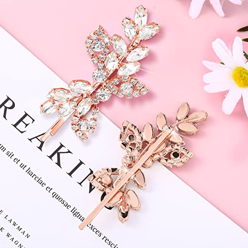 4 Pieces Leaf Pearl Crystal Hair Clips Elegant Bridal Hairpins and Barrettes for Women Girls (Rose Gold, Rhinestone Style) - color: Rose Gold
