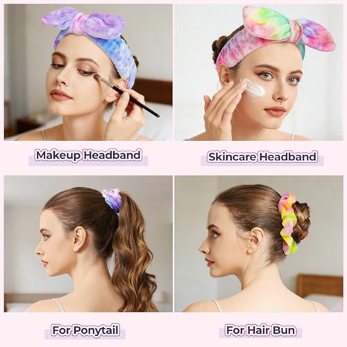 LEOBRO Makeup Headband, Spa Headbands, Skincare Headbands for Women, Headband for Washing Face, with Hair Band, Hair Scrunchies, Gifts for Teens, Girls, Women (Rainbow/Hot Pink/Violet) - color: Rainbow, Hot Pink, Violet