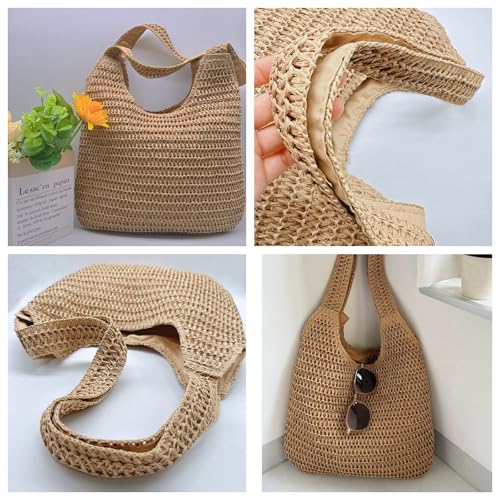 Aphoraeny Straw Beach Bag Buckets Totes Handbag Shoulder Tote Bag Straw Purse Summer Purse Women Summer Handbag - color: C-brown