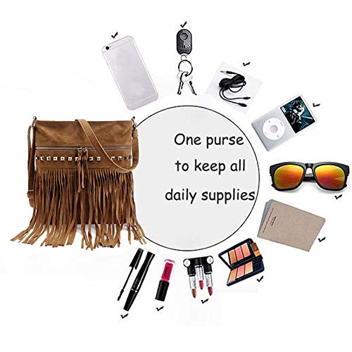 Hoce Women’s Leather Fringe Messenger Bag Large Hobo Crossbody Tassel Shoulder Bags, Gift for Mom Wife Girlfriend - color: E-brown