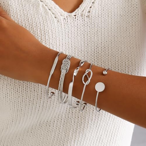 Gold Bangles for Women, 12 Pcs Boho Stackable Bracelets Multi Layer Textured Chunky Bracelets Jewelry Set for Women - color: 5 pcs silver bangles