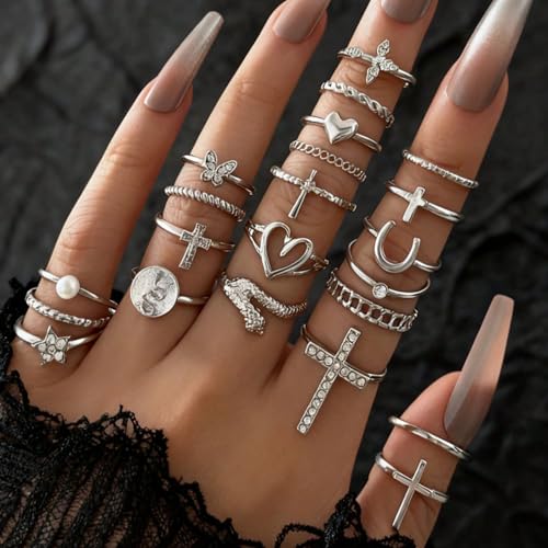 Gold Rings for Women Non Tarnish Stackable Rhinestone Moon Star Rings Dainty Stacking Pearl Butterfly Midi Pinky Thumb Joint Finger Knuckle Ring Set Gold Non Tarnish Jewelry Gifts Trendy Stuff - color: L Silver Stackable Rings 22Pcs