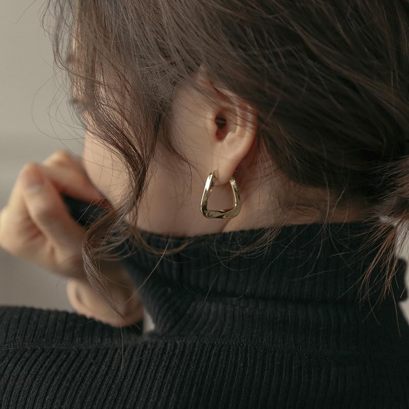 Geometric Hoop Earrings, Stainless Steel, Twisted Textured Trapezoid Design, Anti-Allergic - color: Gold