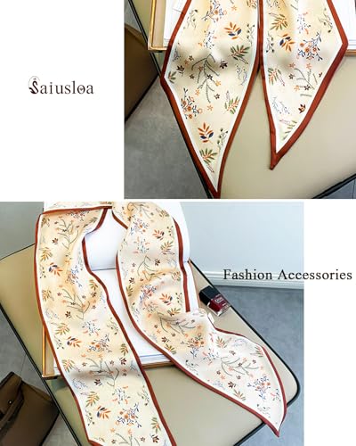 Purse Scarf For Handbags Head Scarves For Women's Hair Bags Scarfs Long Skinny Scarves Fashion Silky - color: A17-brown Edged Flower