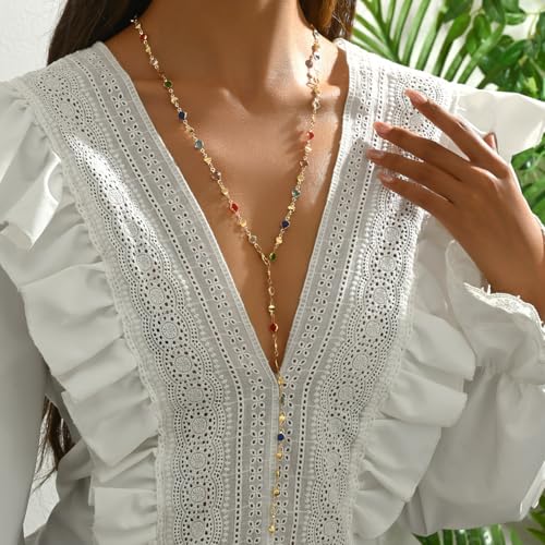 QiaTsed Colorful Crystal Long Necklace for Women Trendy Y-Shaped Pendant Necklace Boho Gemstone Necklace Ideal Dainty Jewelry Gift for Women