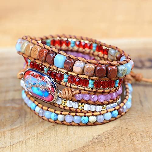 Women Wrap Bracelet Boho Natural Jasper Crystal Stone Beads Strand Bracelets - color: Emperor Stone