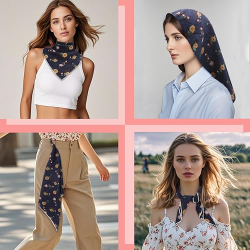Bandanas for Women Men 21"x21" Floral Headband Scarf Versatile Hair Bandana Square Head Scarf - color: Dark Blue Floral