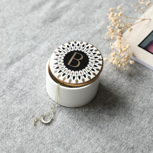 COLLECTIVE HOME - Monogram Jewelry Box, Bohemian Ceramic Trinket Box, Storage for Necklace Ring Bracelet Keys, Birthday Mother's Day Christmas Gift for Women, 3.25" x 2.5" (B) - color: B