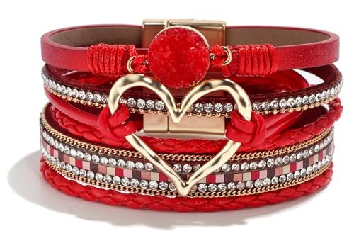 Long tiantian Leather Bracelets for Women Warp Bracelet Stackable Boho Layered Bracelet Chunky Heart Trendy Birthday Gifts for Her - color: A9:Western Bracelets for Women(Red)