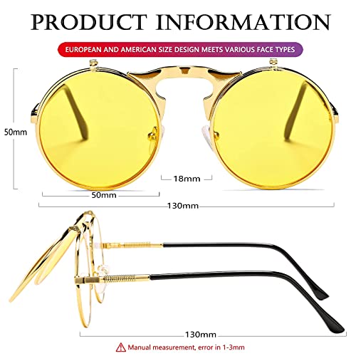 AIEYEZO Round Flip Up Sunglasses for Men and Women Rave Flip Glasses 90's Retro Steampunk Style - color: Gold/Clear Yellow