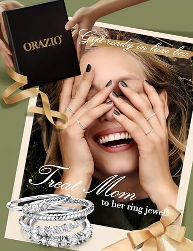 ORAZIO 14K Gold Plated Stackable Rings for Women Non Tarnish Dainty Cubic Zirconia Wedding Engagement Bands Ring Set Minimalist Trendy Statement Anniversary Promise Thumb Stacking Rings Size 6-10 - color: White CZ-Silver Tone