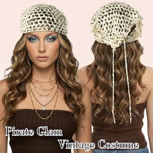 Ababalaya Crochet Cotton Head Scarf Boho Hollow Out Triangle Scarf with Shiny Sequin Y2K Hair Scarf - color: Beige