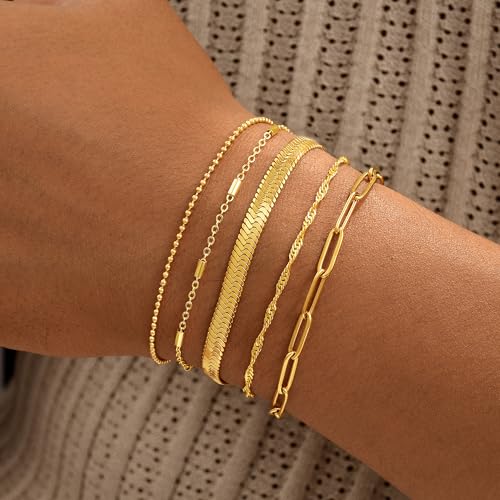 Gold Bracelets for Women, 14K Gold Plated Stackable Bracelet Stack Set Adjustable Charm Paperclip Chain Snake Link Layered Waterproof Jewelry Sets Gifts - style: Bracelets Set /7