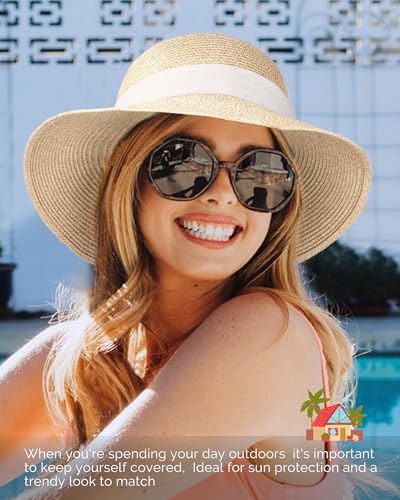 FURTALK Womens Beach Sun Straw Hat UV Protection Travel Packable Foldable Brim Summer UV Hat - color: Mix Beige-beige, size: Medium-Large
