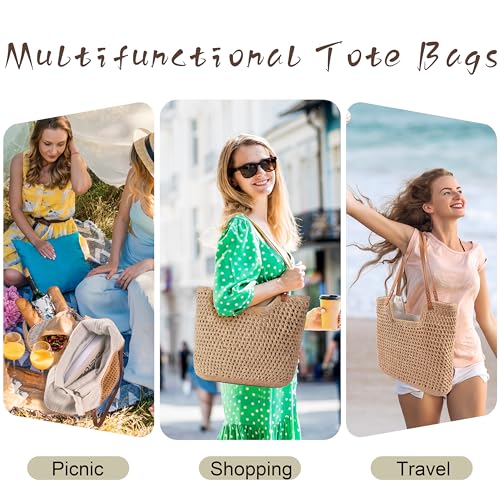 Crochet Beach Bag, Woven Tote Bag, Boho Bags for Women,Summer Purse with Zipper & Pocket - color: Khaki