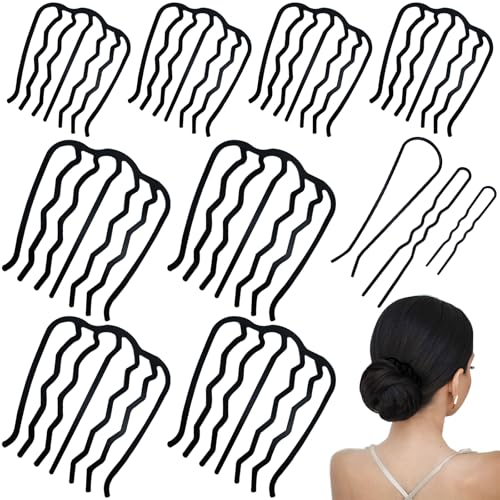 11 Pieces Hair Side Combs Metal Hair Fork Clip French Twist Comb Updo Hair Stick, U-Shape Teeth Styling Tools Messy Bun Maker Vintage Hairstyle Hair Pins Hair Accessories for Women and Girls - color: Black