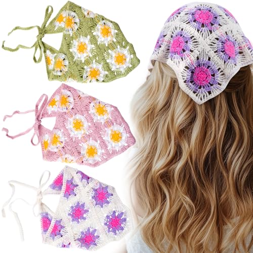 3 Pcs Daisy Crochet Bandana, Cute Bandanas for Women, Flowers Crochet Head Scarf, Floral Head Scarf for Women's hair Styling Decor (Green, Purple, Pink) - color: Green, Purple, Pink-style4