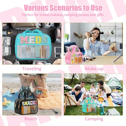 BuyCard Chenille Letter Clear Snack Makeup Bags, Waterproof Large Clear Travel Toiletry Bag, Nylon Snacks Cosmetic Pouch Bag with Handles and Zipper, Storage Bag for Women, Pink - color: Pink-Snacks