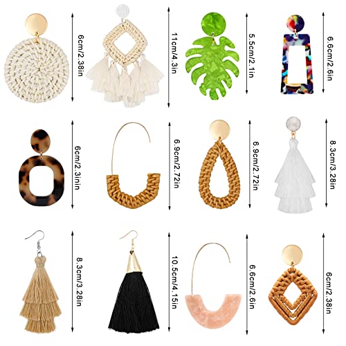 9 Pairs-26 Pairs Rattan Earrings for Women Girls Lightweight Acrylic Geometric Statement Woven Earrings Handmade Straw Wicker Braid Hoop Drop Dangle Earrings - color: green