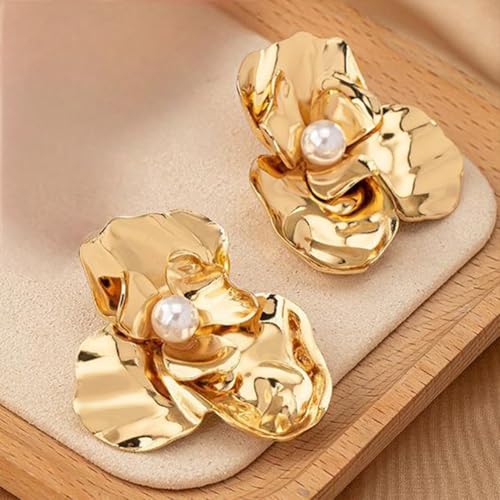 Chunky Large Gold Flower Stud Earring for Women Statement, Boho Big Red Irregular Floral Pearl Earrings Trendy Y2K Prom Party Jewelry Accessories Gift - color: Gold