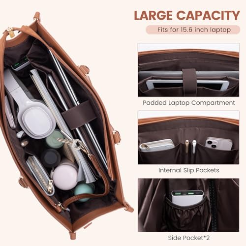 LOVEVOOK Laptop Bag for Women 15.6 lnch,Waterproof Laptops Tote Bags for Womens,Professional Work Bags for Women with Cup Holder,Large Laptop Purse Computer Briefcase Office Teacher Clutch Bag,2 PCS - color: Beige - Yellowish Brown, size: 15.6 Inch
