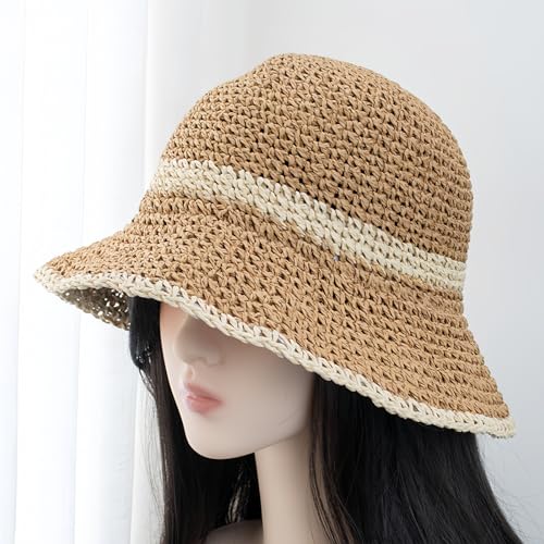 Floppy Big Beach Straw Hats for Women Foldable Summer Wide Brim Packable Sun Hat Womens Travel Straw Fedora Hat - color: Khaki-beige
