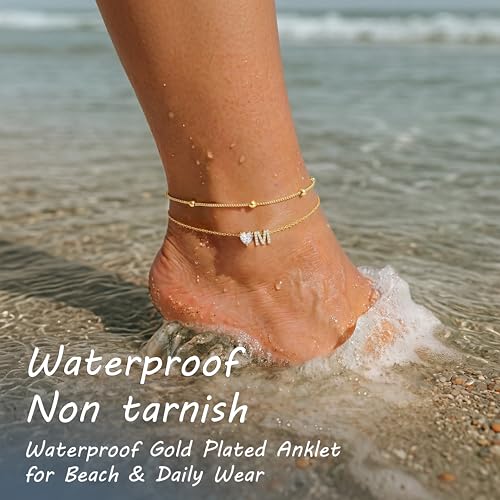 NECOCY Initial Heart Diamond Anklets for Women Waterproof, Non Tarnish 14k Gold Plated Letter Ankle Bracelets Dainty, Summer Beach Bikini Jewelry Gifts for Women - color: Gold