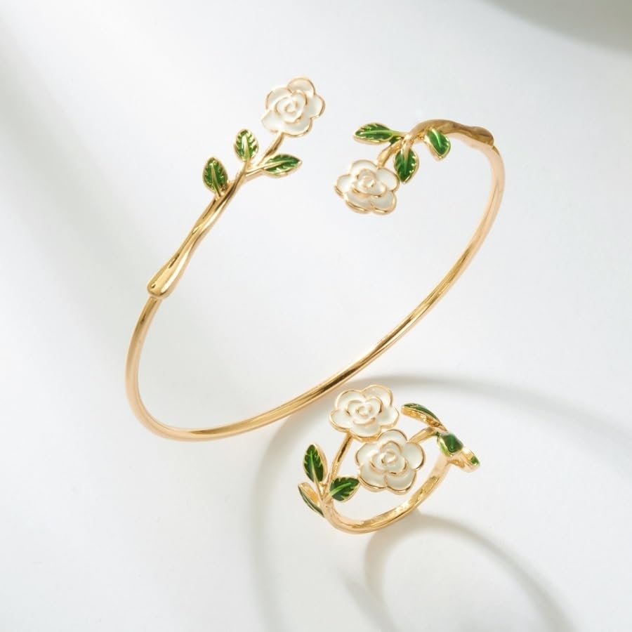 Caiyao 2Pcs Adjustable Sunflower Open Cuff Bangle Bracelets Ring Gold Tone Enamel Daisy Flower Floral Upper Arm Armband Bracelet for Women Boho Summer Inspired Floral Jewelry Gifts - style: StyleC