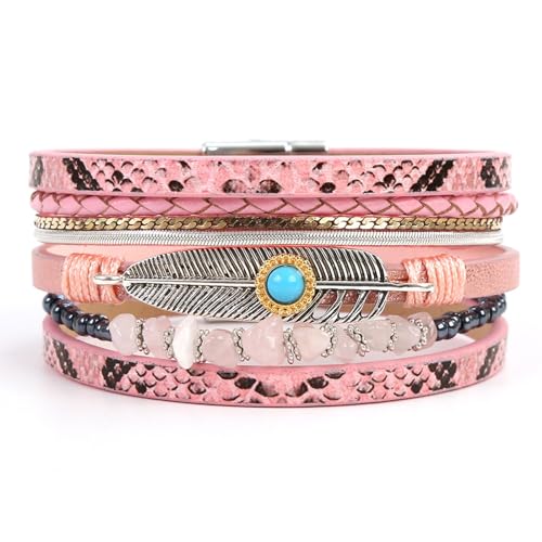 Long tiantian Boho Leather Wrap Bracelets Western Bracelets for Women Stackable Starfish Crystal Pearl Turquoise Leather Bracelet With Clasp Jewelry Gifts Boho Dresses - color: A3:Pink Bracelet