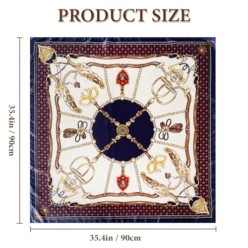Large Square Head Scarf Bandana - 35" Satin Hair Scarf for Women Like Silk Scarf Fashion Hair Wrapping - color: Equestrian Chain(blue), size: 35IN*35IN