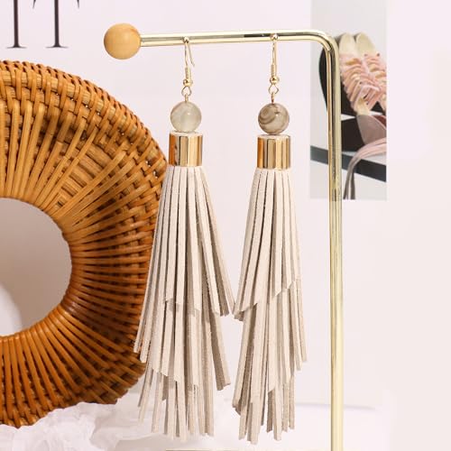 Coiris Boho Leather Layered Tassel Earrings for Women Lightweight Leather Fringe Dangle Earrings Handmade Bohemian Summer Beach Western Drop Earrings for Women - color: Beige