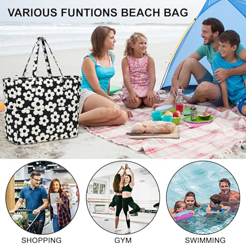 Bluboon Waterproof Beach Tote Pool Bags for Women Ladies Extra Large Carry On Bag With Wet Compartment for Weekender Travel - color: Beige Flower With Black Background