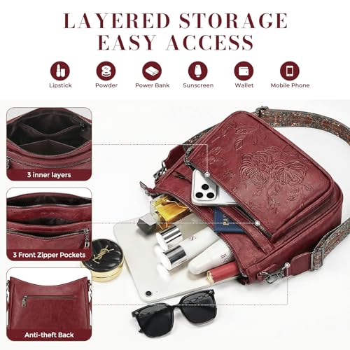 Crossbody Bags for Women, Vegan Leather Medium Crossbody Purse, Spacious Daily Travel Shoulder Bag with Boho Strap - color: Red