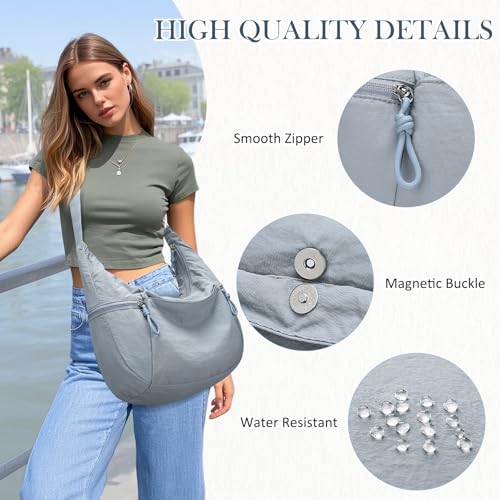 VASCHY Crossbody Crescent Bag for Women, Casual Lightweight Nylon Large Slouchy Hobo Bags Purses for Travel/Gym/Work/College - color: Light Blue