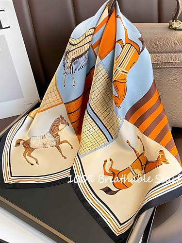 100% Mulberry Silk Scarf for Women Hair Lightweight Square Neckerchief Wrap For Head Scarves 21" - color: 25-orange Horse /21"*21"
