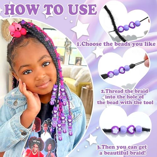 NAISKA 100PCS Purple Dreadlock Bead 10 Styles Kids Braids Beads Heart Loc Jewelry Cute Clip Beads for Hair Braids Kids Hair Accesssories for Girls - color: Purple