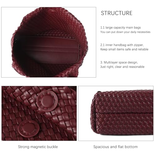 Hand Woven Bag Tote BagS For Women Top Handle Shoulder Vegan Leather Large Travel Beach Hobo Handbag - color: Burgundy