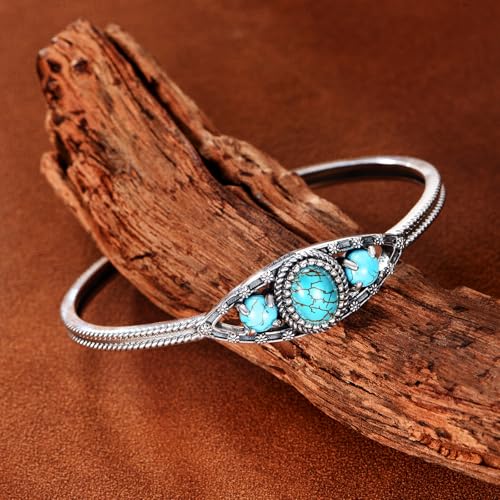 Genuine 3 Turquoise Stone Bracelet, Sterling Silver Boho Adjustable Large Bangle Cuff Native American Jewelry for Women, Fit for 6.5 7 7.5 Inches