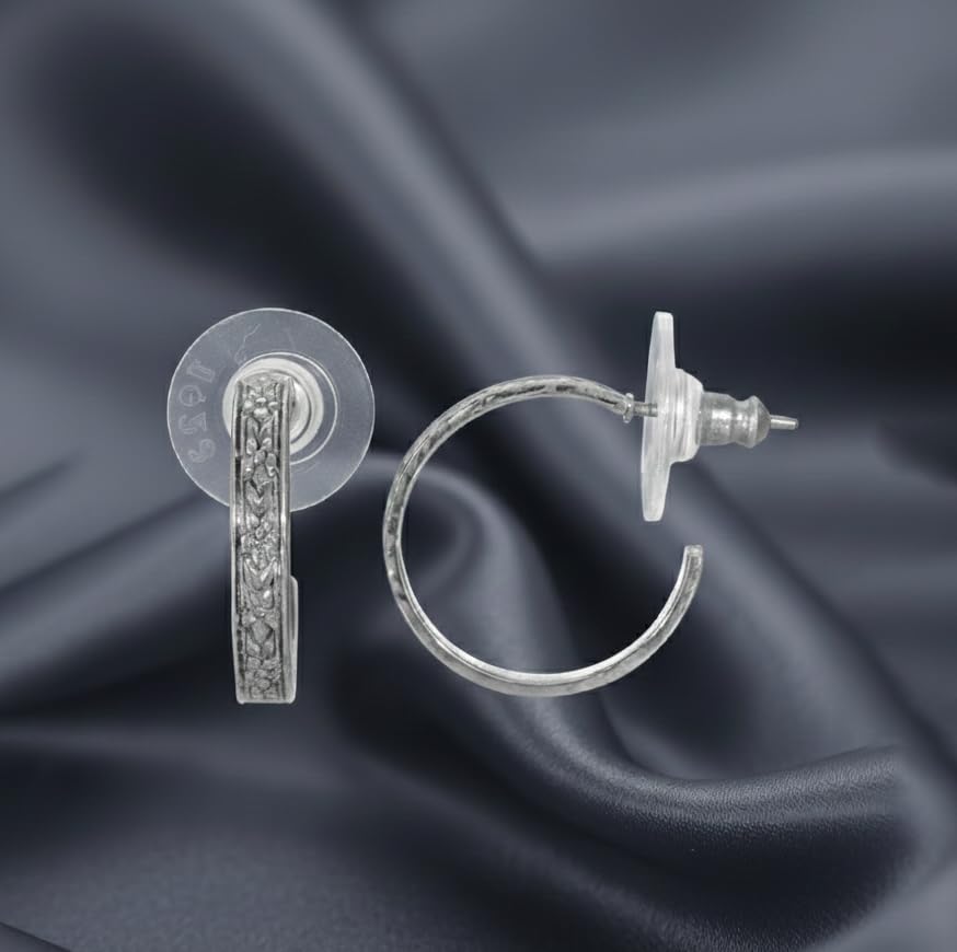 1928 Jewelry Tiny Etched Floral Hoop Earrings - color: Silver