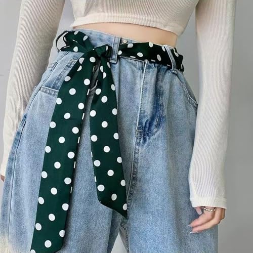 Long Thin Skinny Scarf Satin Neckerchief Ribbon Tie Waist Belt for Women - color: Green Polka Dots