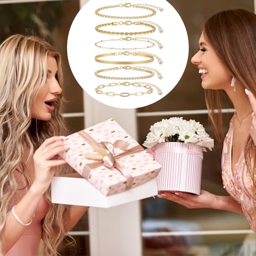 Tyqour 6PCS Ankle Bracelets for Women Gold Anklets for Women Waterproof Gold Women's Anklets Adjustable Size Dainty Summer Beach Jewelry Gift for Women Teen