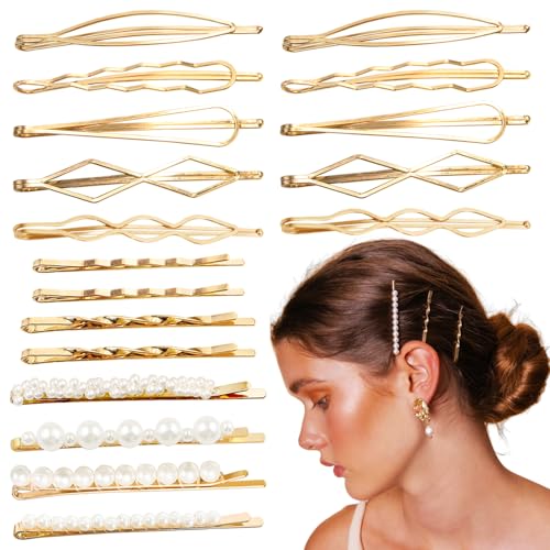 18 PCS Gold Geometric Elegant Barrette Pearls Hair Clamps Styling Fancy Women Girls Preppy Hair Clips Bridal Minimalist Bobby Pins Dainty - color: Gold-3