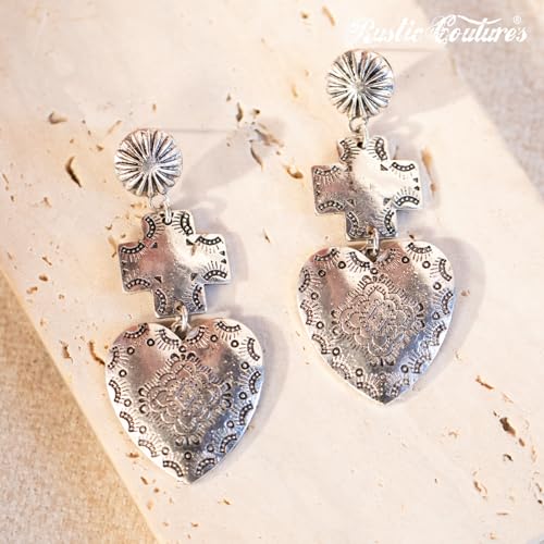 Rustic Couture's Western Earrings for Women Cowgirl Country Concho Dangling Western Statement Jewelry - color: C-Silver