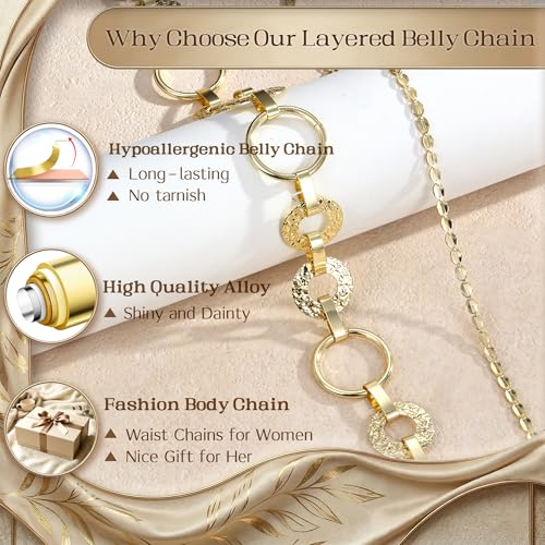 Florideco Waist Chain Belt for Women, Layered Belly Chain, Waterproof Boho Pearl Concho Cuban Body Chain, Adjustable Summer Beach Coachella Fashion Jewelry for Jeans Dresses - style: Gold Plated-Circle Chain