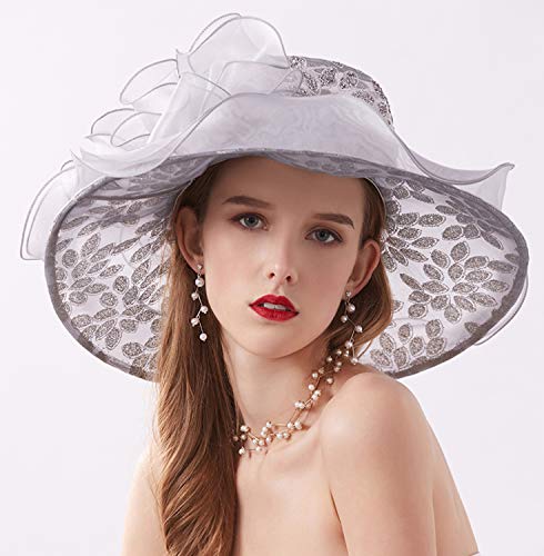 ORIDOOR Women’s Organza Church Tea Party Wedding Fascinator Derby Hat Wide Brim Sun Hats - color: A-grey